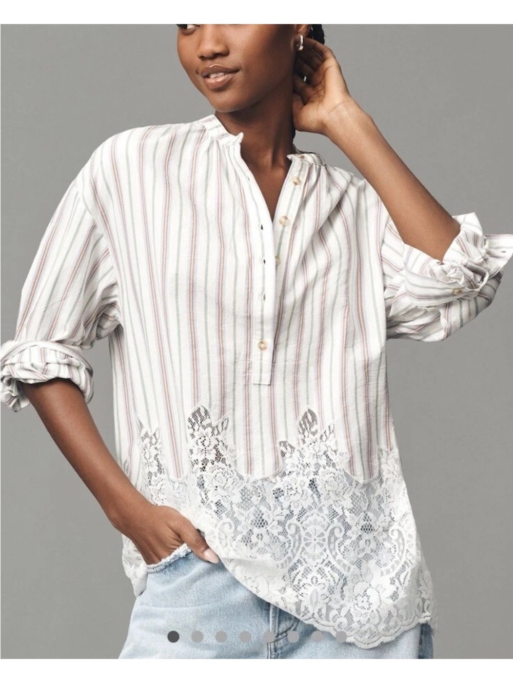 NWT Anthropologie Pilcro White Stripe Long-Sleeve Lace Trim Tunic Top S